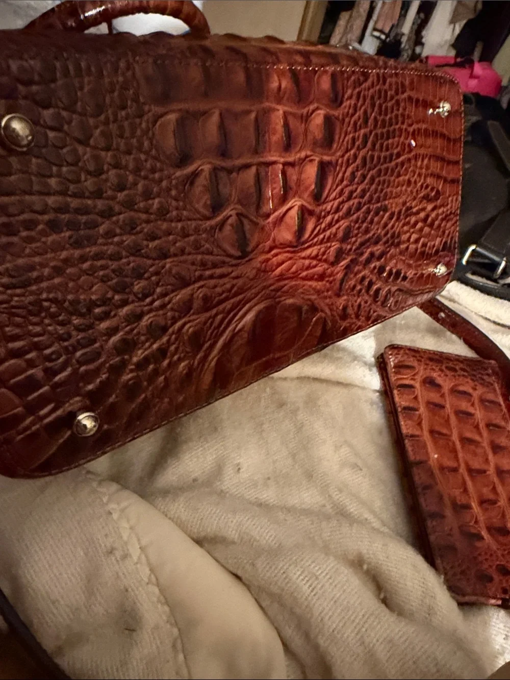 Women's Brahmin pecan Croc-Embossed Satchel Handbag in Cognac Brown with wallet
